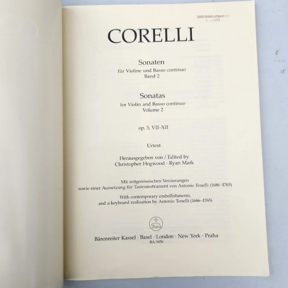Twelve Sonatas for Violin and Basso Continuo Volume 2 urtext Arcangelo Corelli B